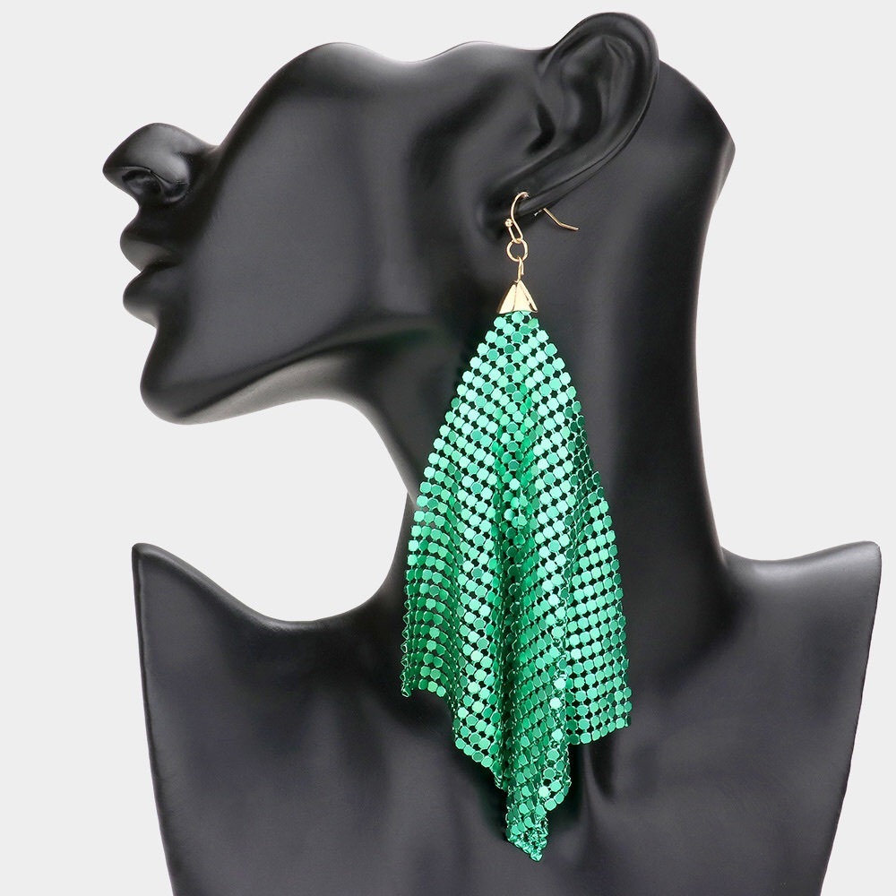 Green & Gold Mesh Chain Dangle Statement Earrings